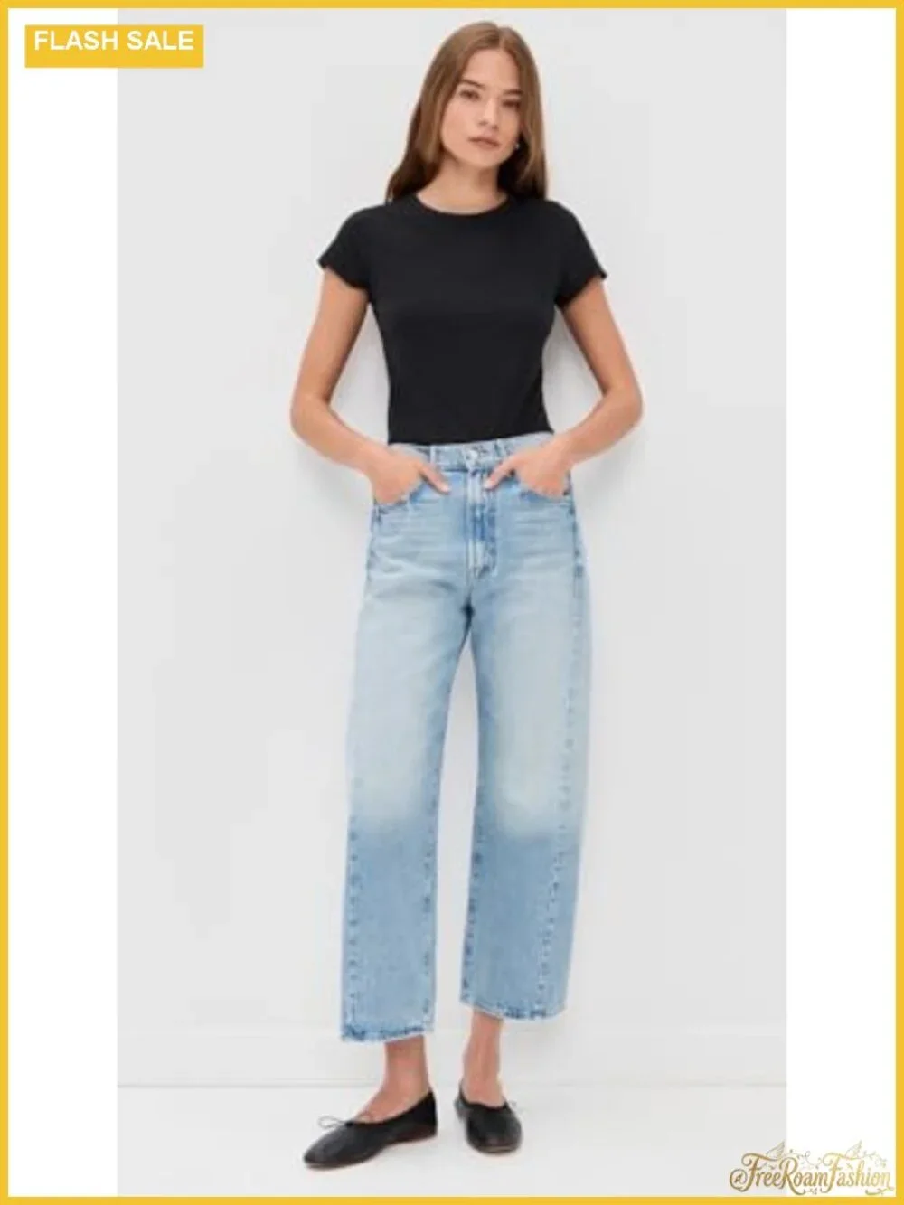 Non-Stretch High Rise Wide Leg Ankle Denim Jeans with 5 Pockets